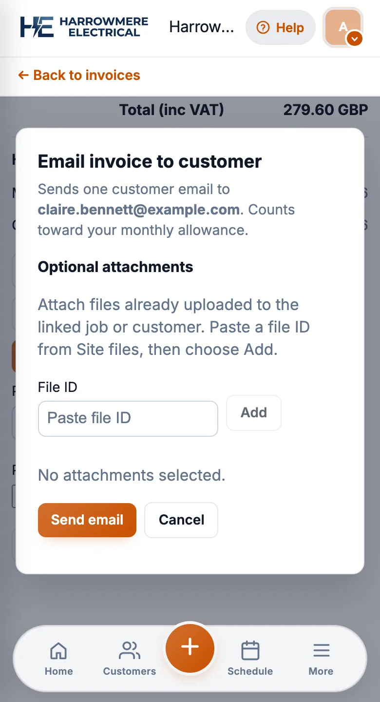 Invoice email dialog with optional attachments on a phone