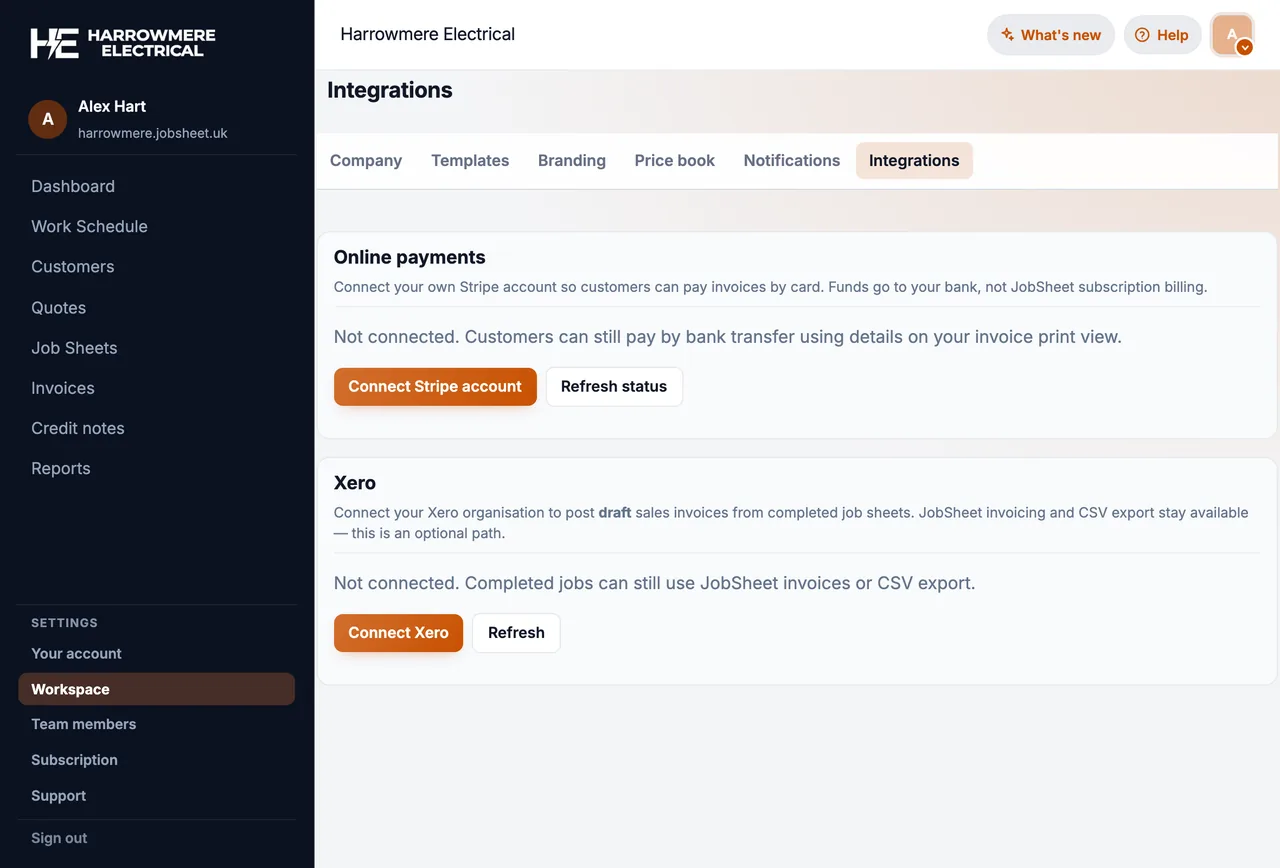 Workspace Xero panel on a computer