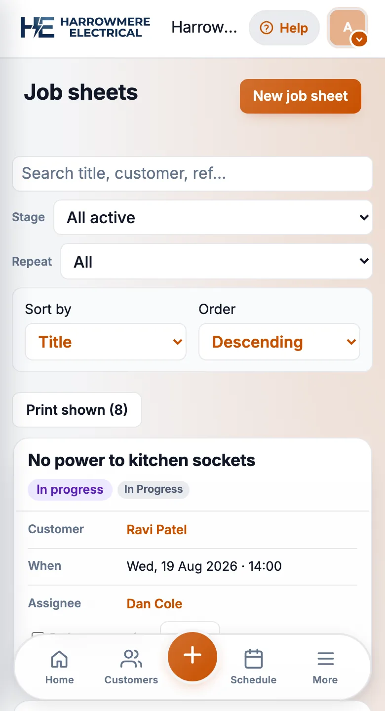 Job Sheets list with New job sheet on a phone