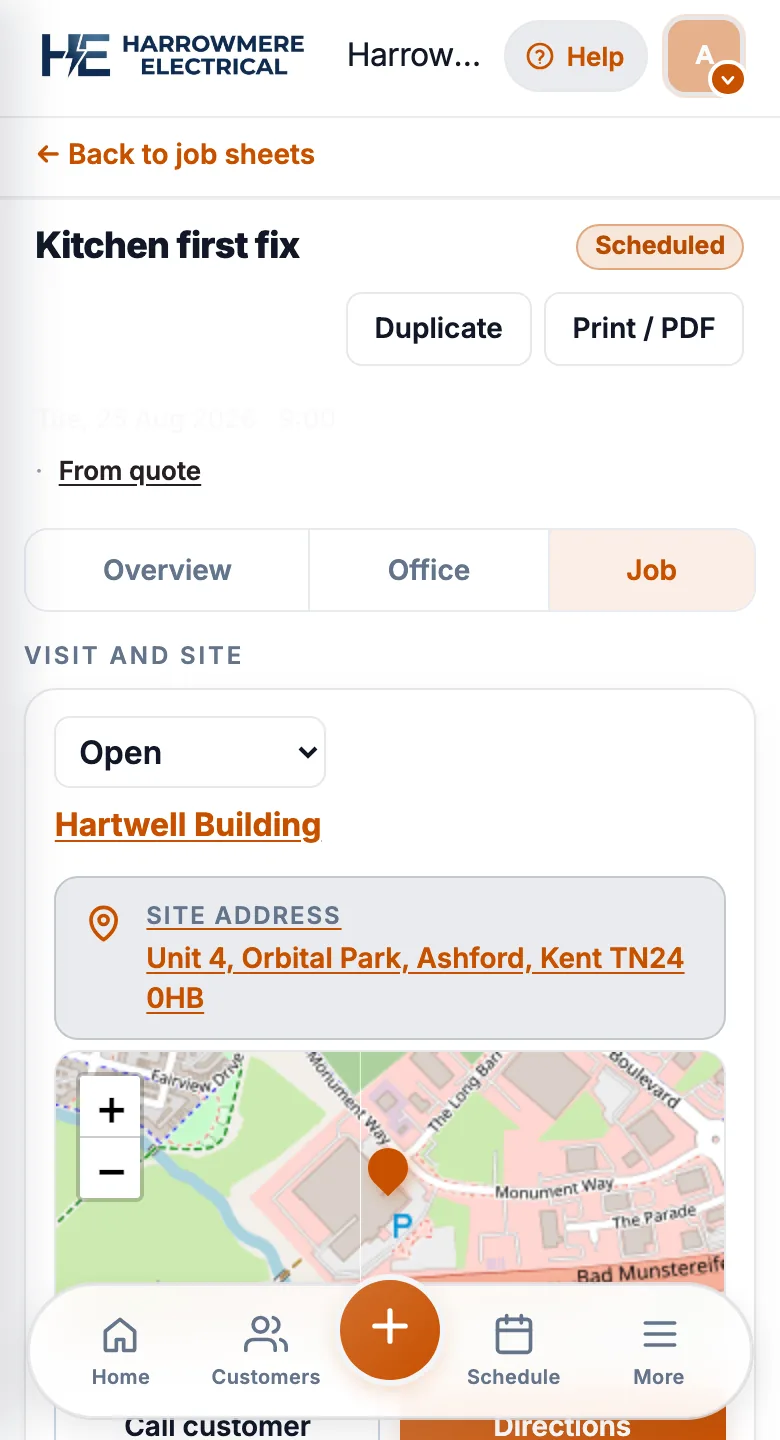 Job sheet for Kitchen first fix on a phone with the bottom tab bar
