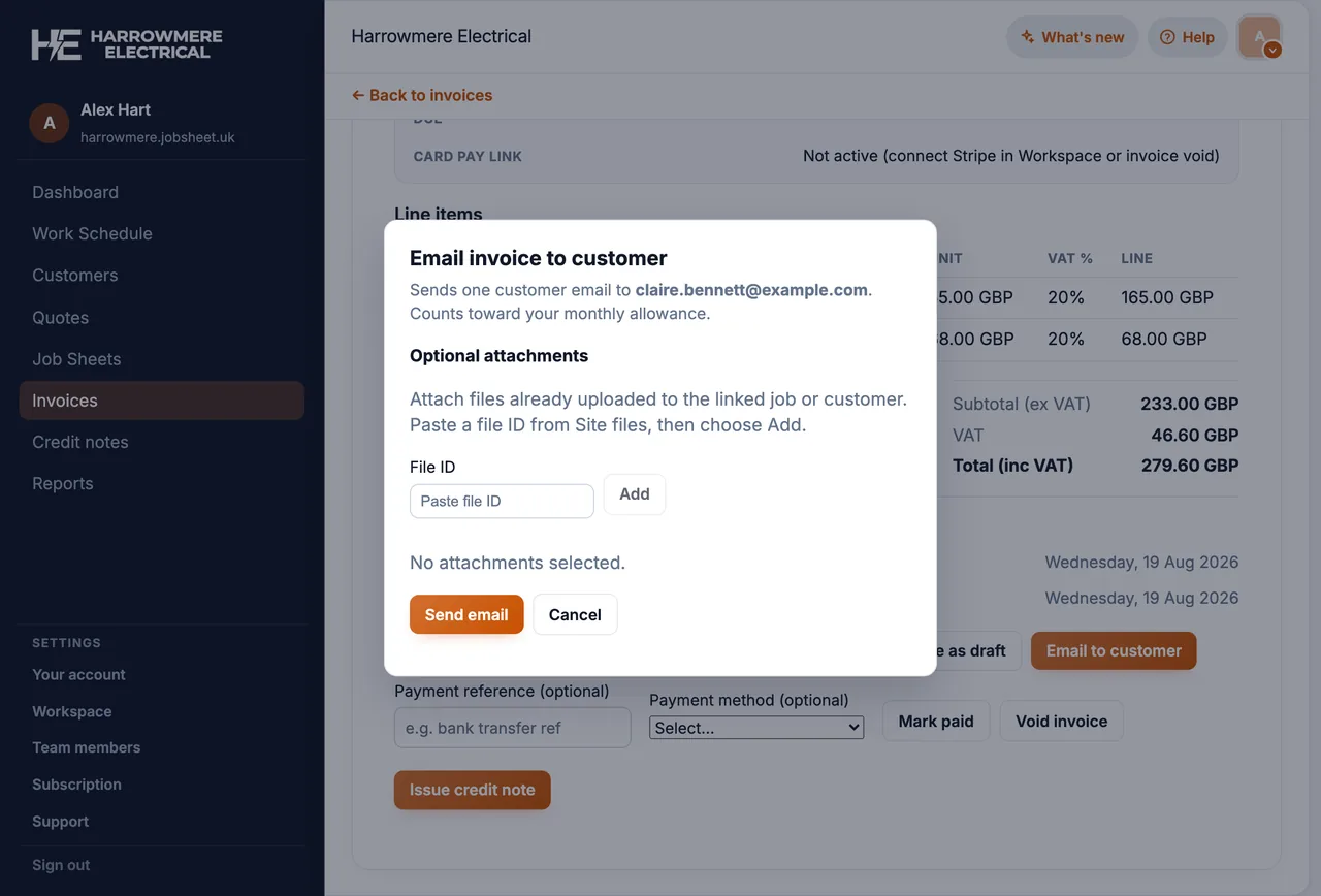 Send invoice email dialog on a computer