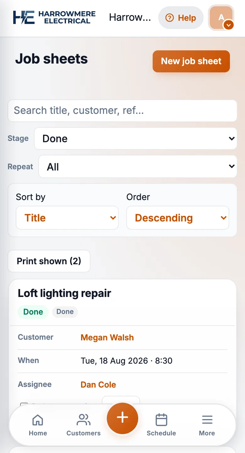 Job Sheets list with Stage set to Done on a phone