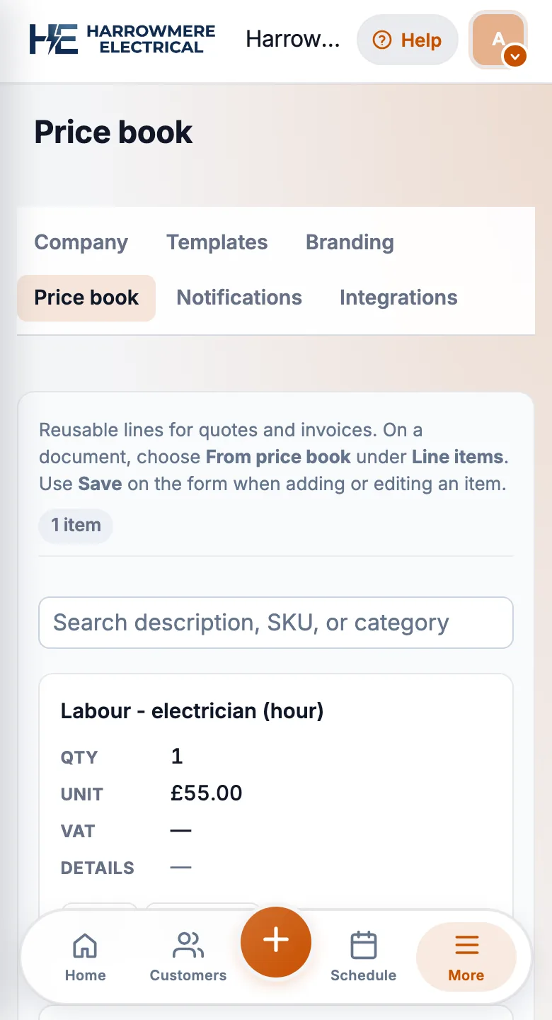 Workspace price book on a phone