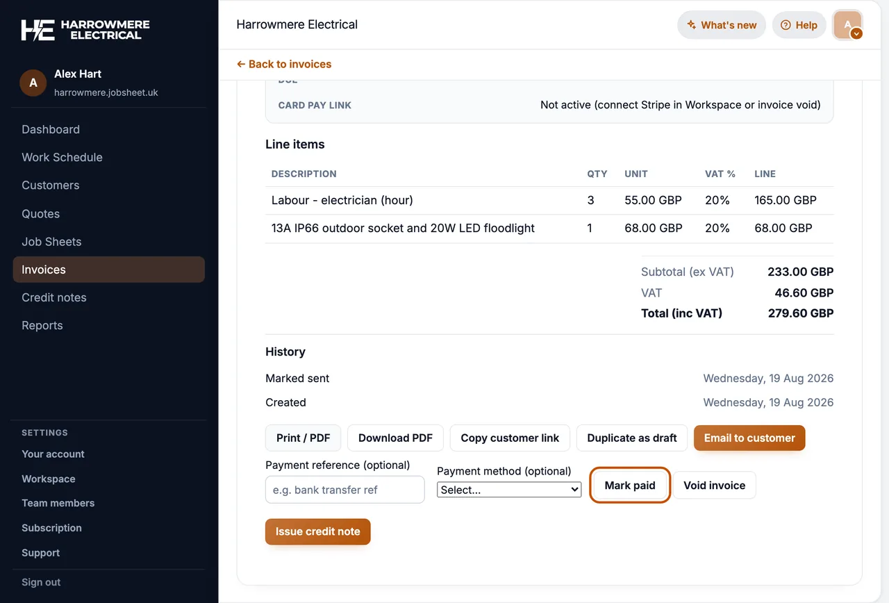 Mark paid on a sent invoice on a computer