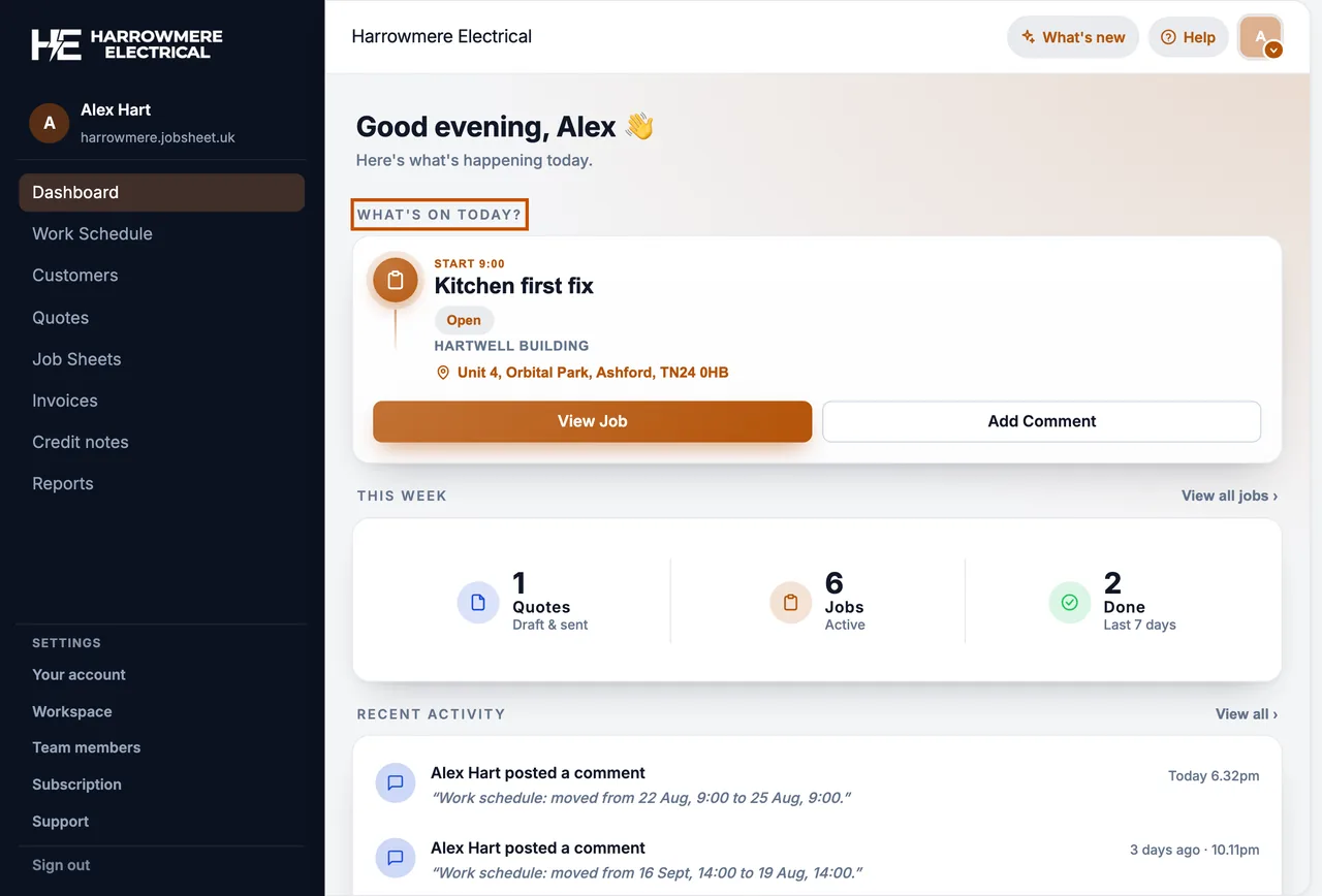 What's on today timeline with job cards and Open schedule on a computer