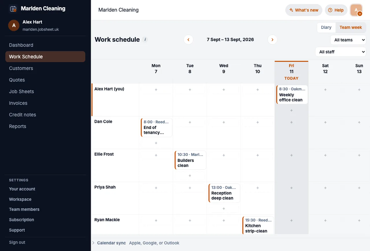 JobSheet week schedule for cleaning contractors on a computer