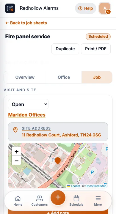 JobSheet job sheet on a phone for fire security alarm installers on site