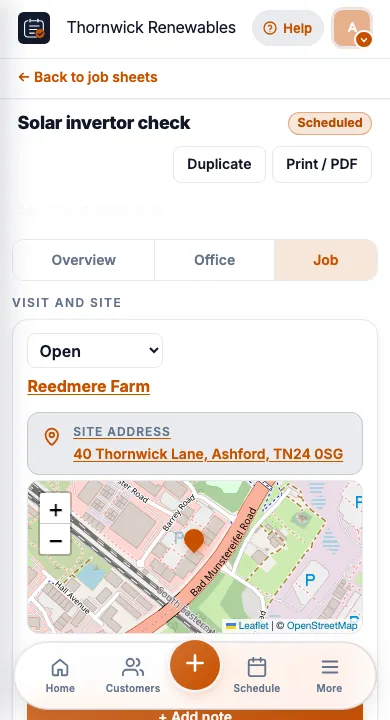 JobSheet job sheet on a phone for renewables installers on site