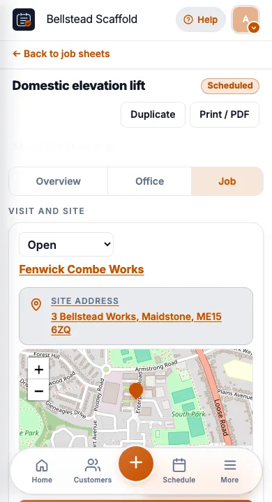JobSheet job sheet on a phone for access and scaffolding on site